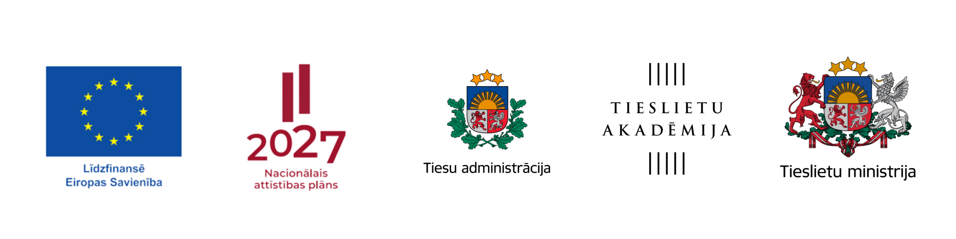Attēlā redzami ES atveseļošanās fonda logo, Tiesu administrācijas logo un Tieslietu akadēmijas logo un Tieslietu ministrijas logo