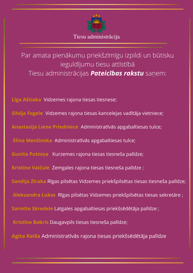 Attēlā redzami apbalvoto vārdi un uzvārdi
