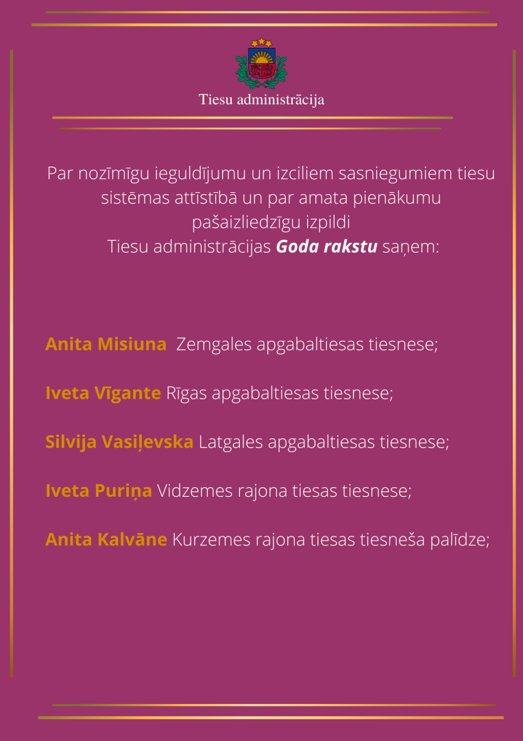 Attēlā redzami apbalvoto vārdi un uzvārdi