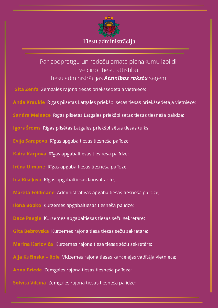 Attēlā redzami apbalvoto vārdi un uzvārdi