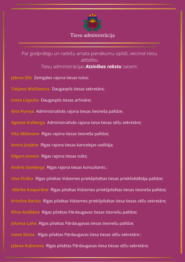 Attēlā redzami apbalvoto vārdi un uzvārdi