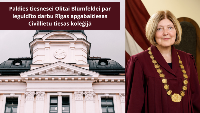 Attēlā redzama Apgabaltiesas tiesnese Olita Blūmfelde un Apgabaltiesas ēka