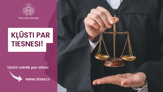 Attēlā redzams tiesnesis ar svariem rokas un uzraksts "Kļūsti tiesnesis!"