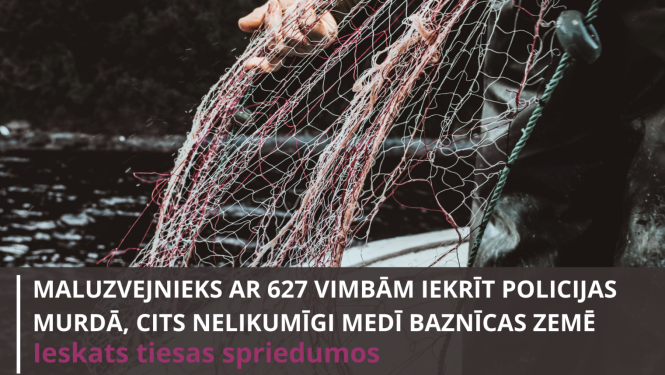 Attēlā redzams zvejas tīkls - un raksta nosaukums - Maluzvejnieks ar 627 vimbām iekrīt policijas murdā, cits nelikumīgi medī baznīcas zemē
