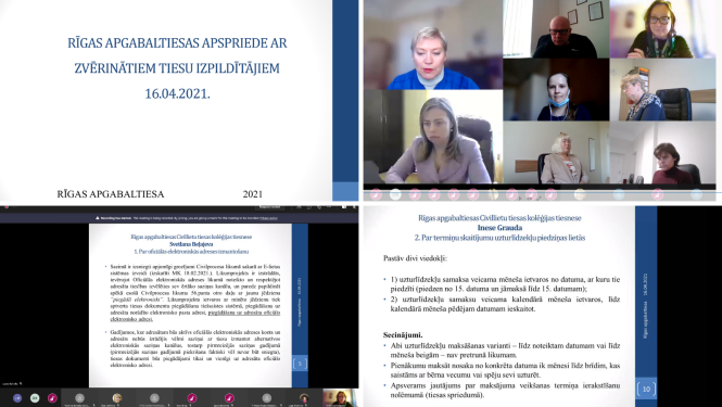 Attēlā attēloti attālinātās tikšanās laikā Rīgas apgabaltiesas tiesneši kopīgā apspriedē ar zvērinātiem tiesu izpildītājiem pārrunā aktuālos jautājumus tiesu nolēmumu izpildē