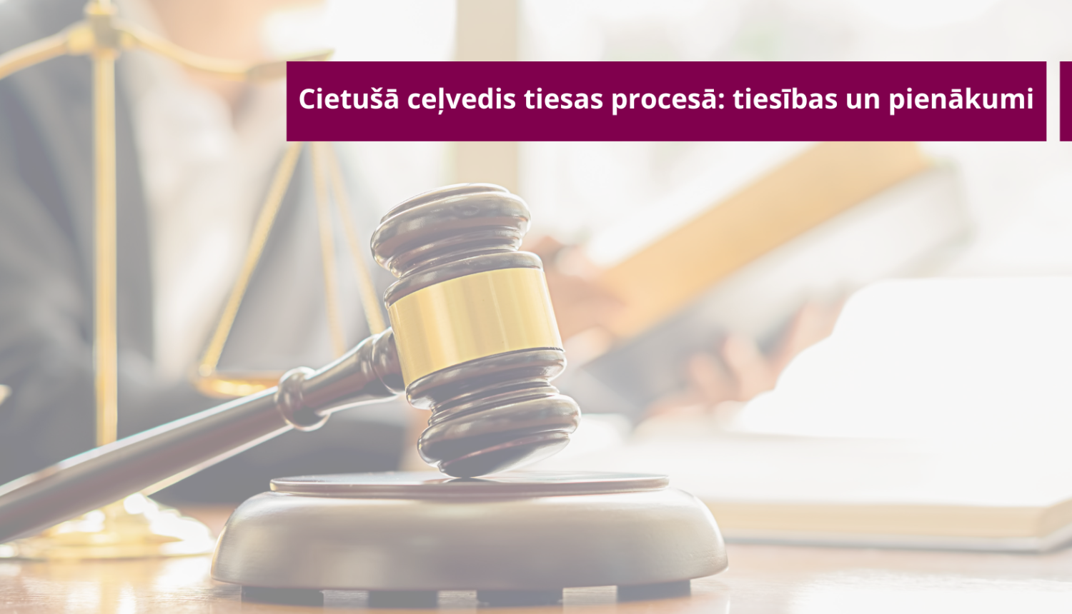 Attēlā redzams tiesneša āmurs un raksta nosaukums: Cietušā ceļvedis tiesas procesā: tiesības un pienākumi