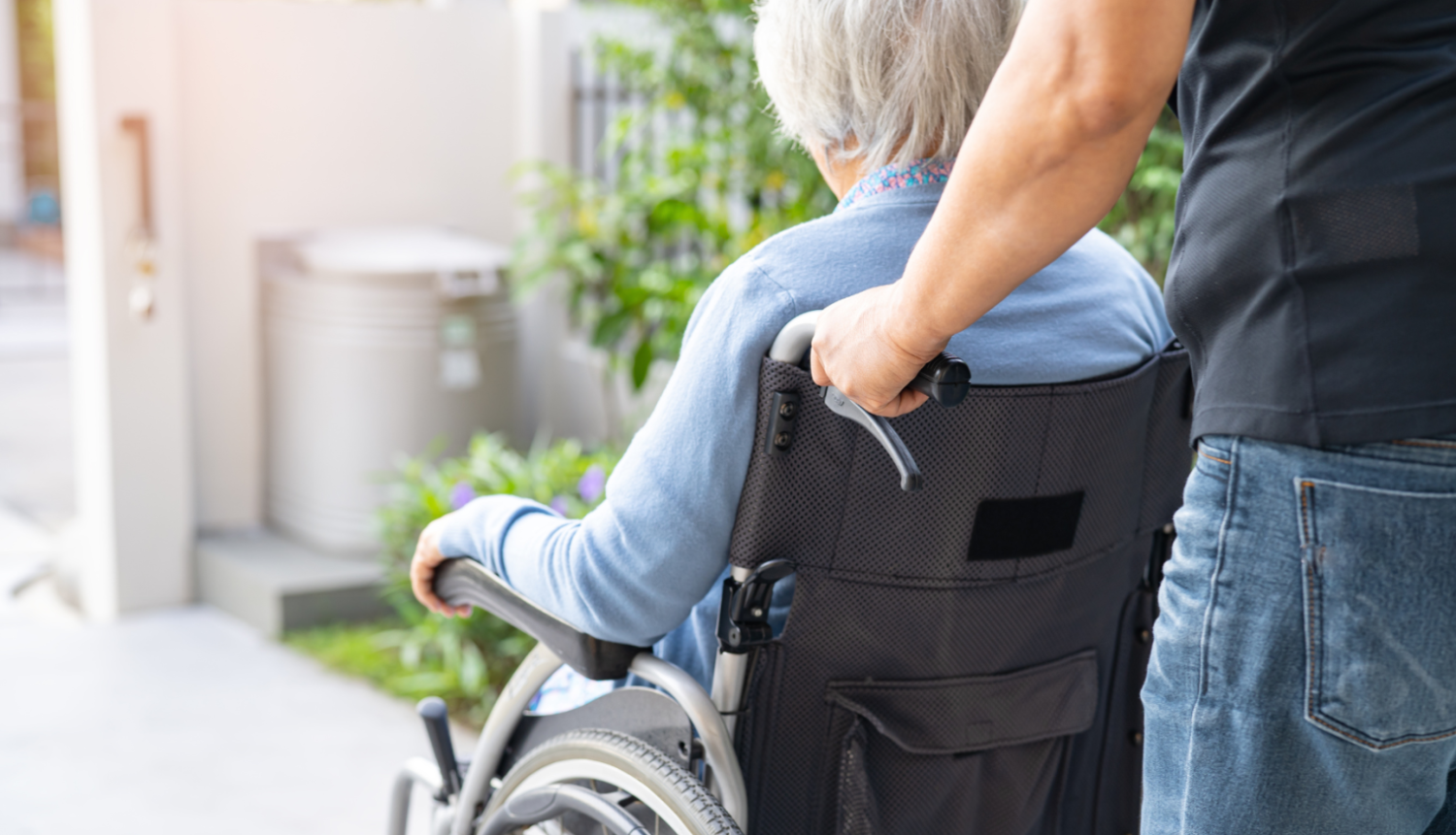 Attēlā vīrietis stumj invalīdu ratīņus kurā sēž sirma kundze