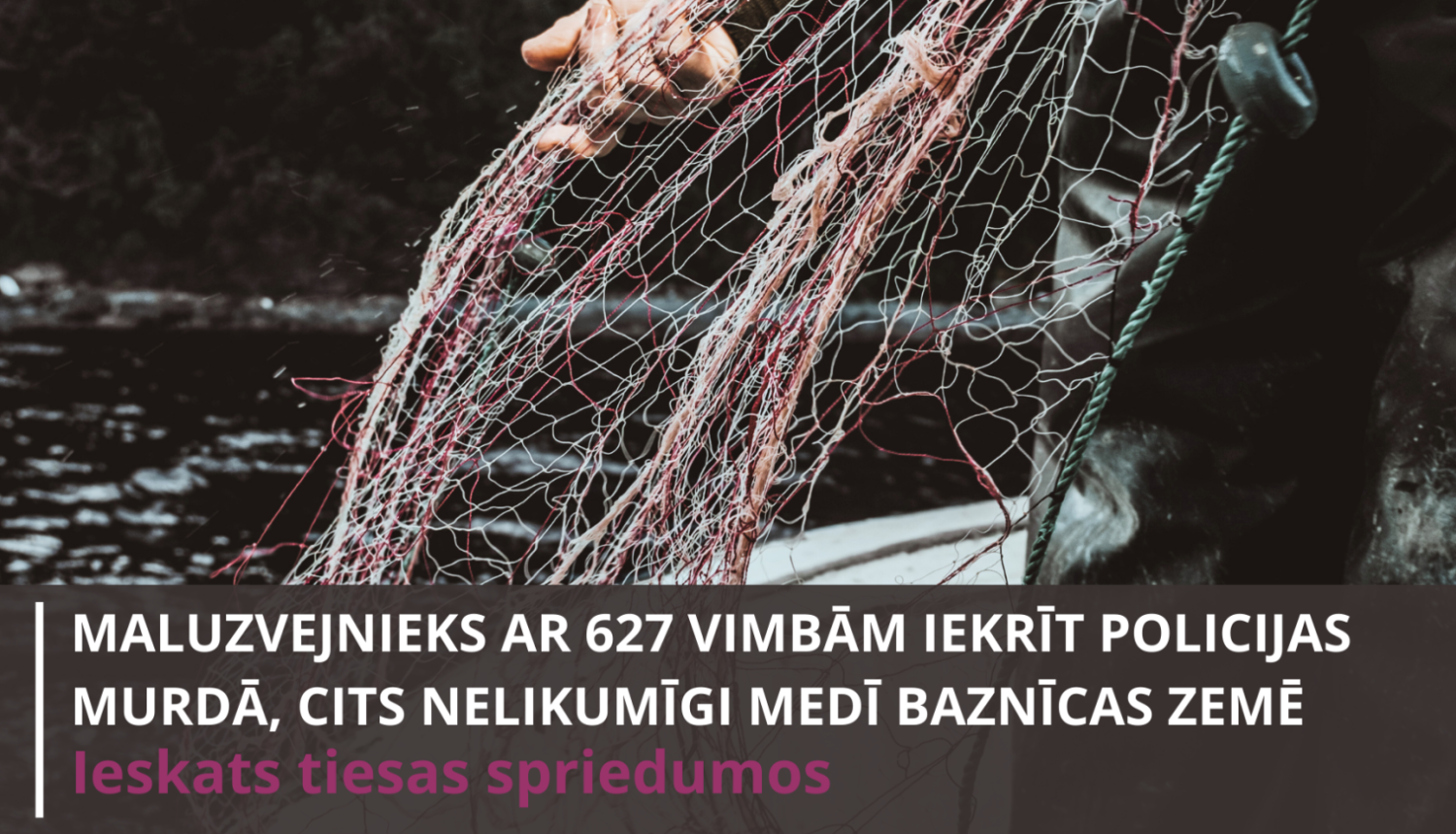 Attēlā redzams zvejas tīkls - un raksta nosaukums - Maluzvejnieks ar 627 vimbām iekrīt policijas murdā, cits nelikumīgi medī baznīcas zemē