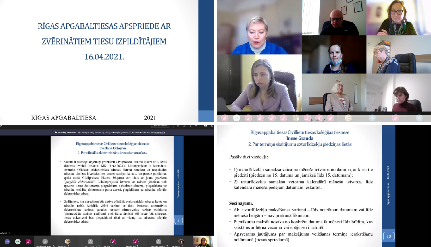 Attēlā attēloti attālinātās tikšanās laikā Rīgas apgabaltiesas tiesneši kopīgā apspriedē ar zvērinātiem tiesu izpildītājiem pārrunā aktuālos jautājumus tiesu nolēmumu izpildē
