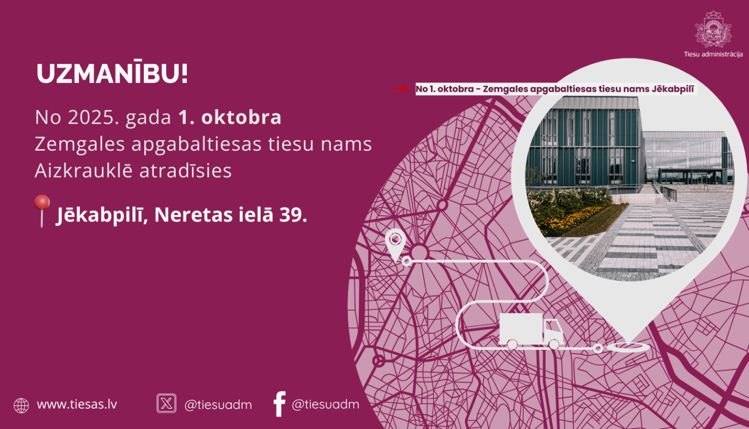 Attēlā re redzama karte, Tiesu nama ēka jēkabpilī, uz kurieni pārcelsies Zemgales apbabaltiesas nams Aizkrauklē